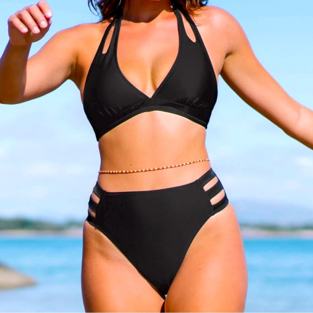 Popvil Halter Cutout High Waisted Black Bikini